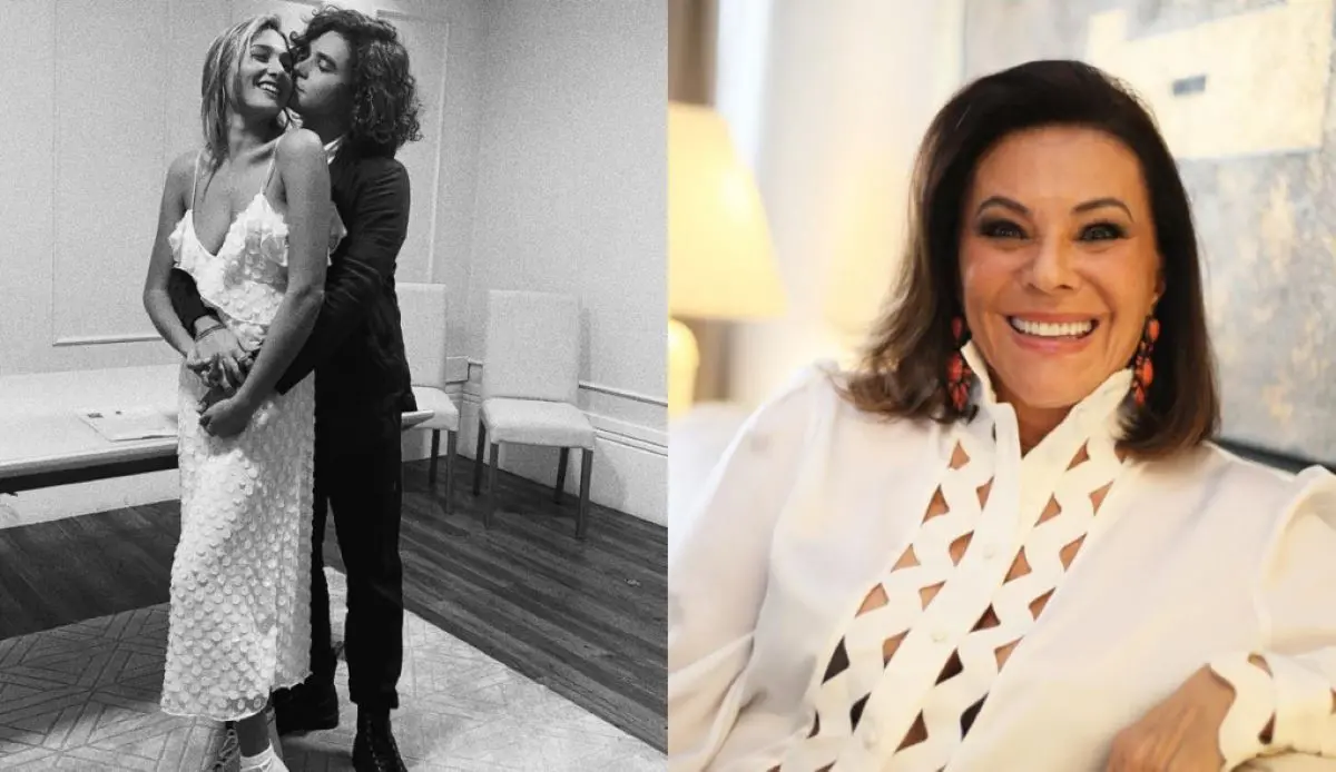 Montagem de fotos do casamento de Sasha Meneghel e João Figueiredo e da avó paterna de Sasha, Beth Szafir