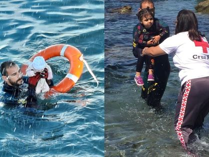Montagem com duas imagens: a primeira mostra socorrista segurando bebê ao lado de boia no mar. Na segunda, socorrista entrega criança a uma funcionária da Cruz Vermelha