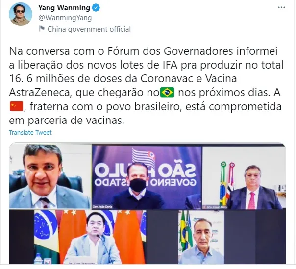 Os governadores de São Paulo, Amapá, Maranhão e Piauí participaram da teleconferência com embaixador chinês