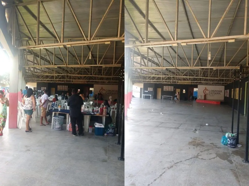 Montagem com duas fotos de ambiente de associação comunitária antes e depois de fiscalização
