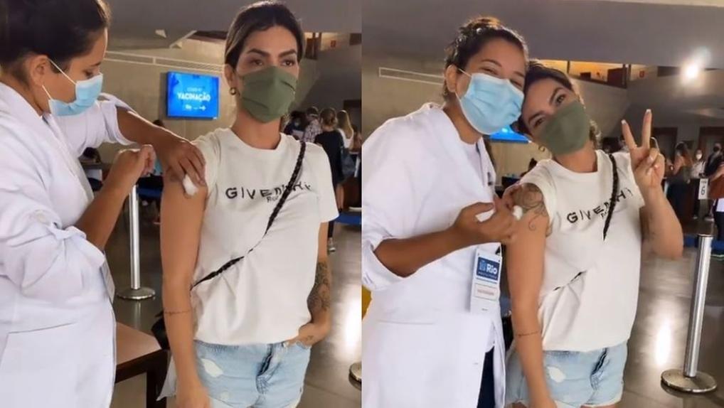 Montagem com duas imagens: Kelly Key recebendo vacina de profissional de saúde e posando ao lado da profissional após receber a dose