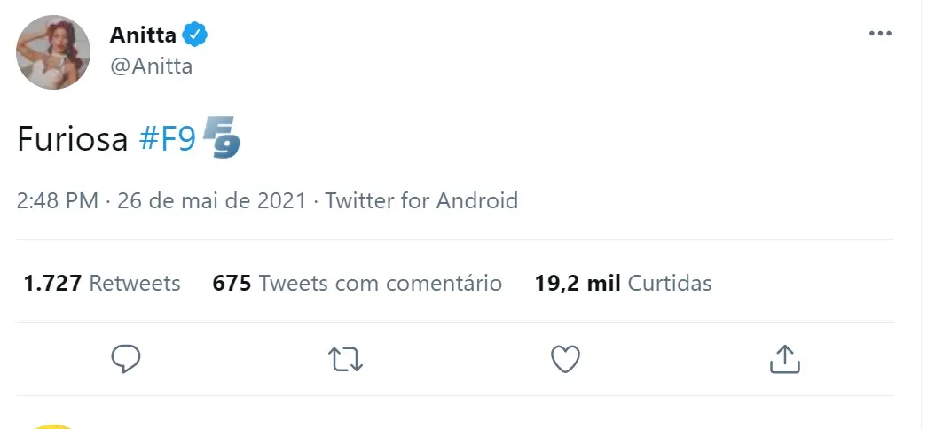 Tweet de Anitta sobre filme Velozes e Furiosos 9