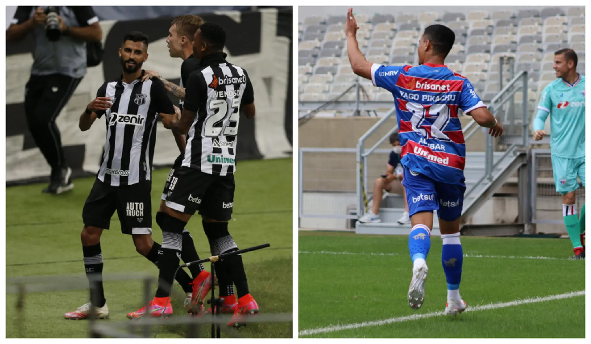 Jogadores de Ceará e Fortaleza comemoram gols marcados