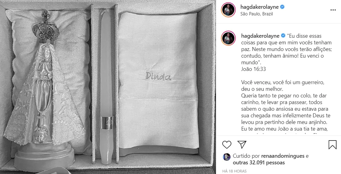 Postagem feita pela irmã de Whindersson Nunes sobre a morte do sobrinho