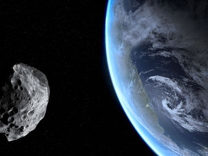 Imagem com asteroide e a Terra