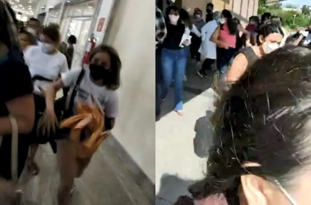 montagem com imagens de correria após assalto em frente ao centro de eventos em fortaleza