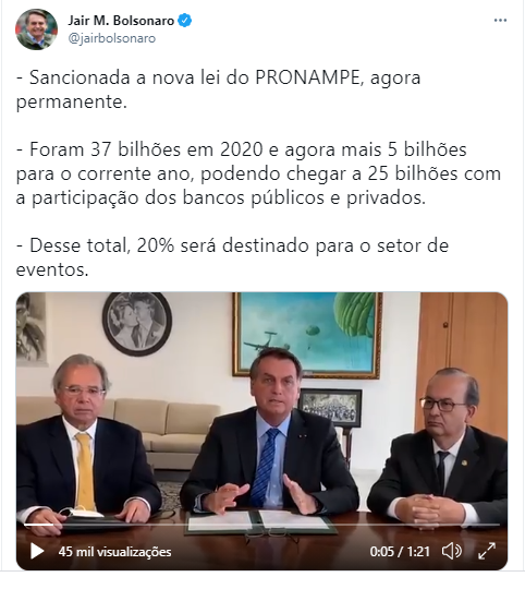 Print da publicação de Bolsonaro