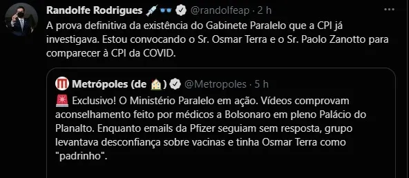 Nas redes sociais, o senador Randolfe Rodrigues disse que convocará o ex-ministro Osmar Terra e o virologista Paolo Zanotto para depois na CPI da Covid-19