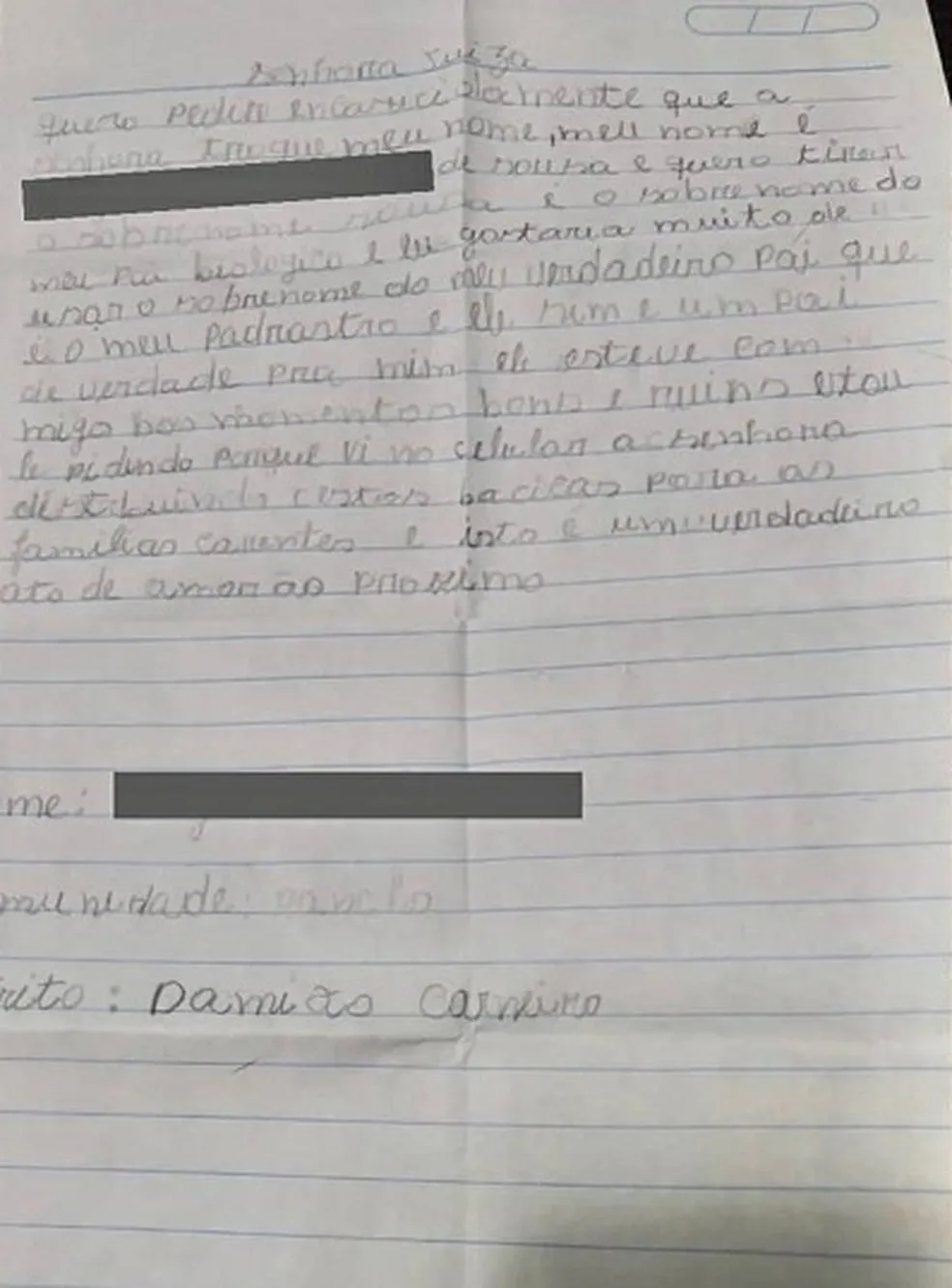 Carta escrita pelo menino foi enviada à rádio local
