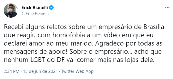Erick Rianelli fala dos comentários homofóbicos em seu twitter