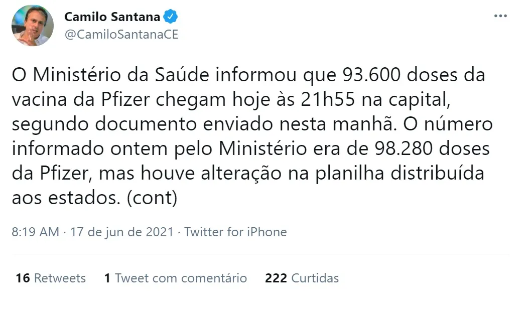 Postagem de Camilo Santana sobre chegada de imunizantes da Pfizer