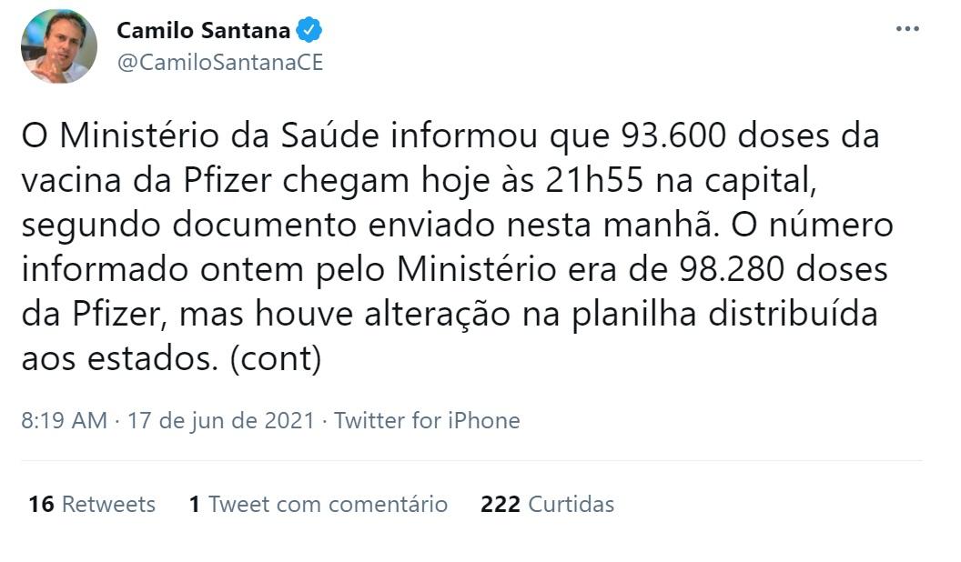 Postagem de Camilo Santana sobre chegada de imunizantes da Pfizer