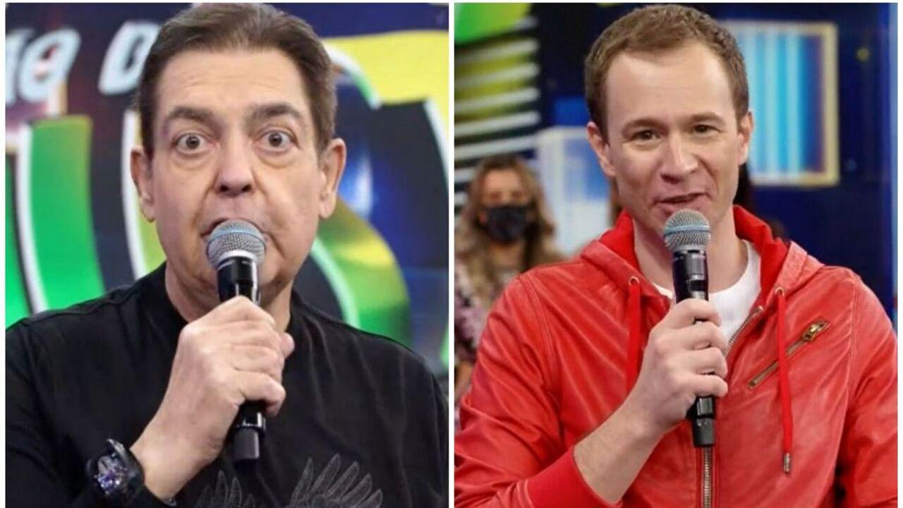 Faustão e Tiago Leifert apresentando o Domingão do Faustão em momentos diferentes