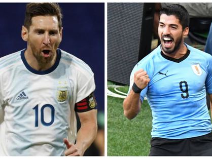 Montagem com fotos de Messi e Suárez