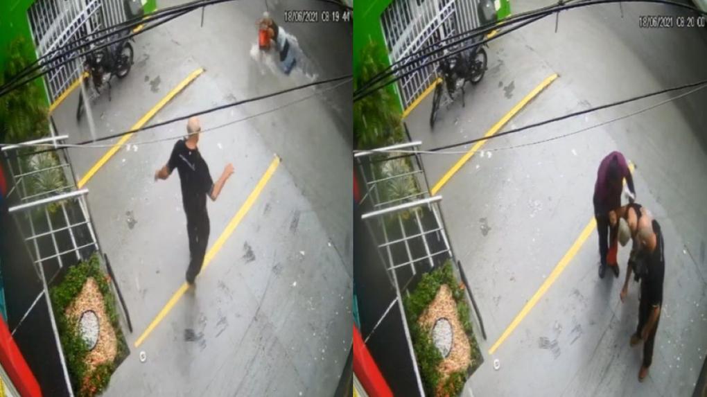 imagens de câmera de segurança mostram idosa sendo arrastada por água durante chuva