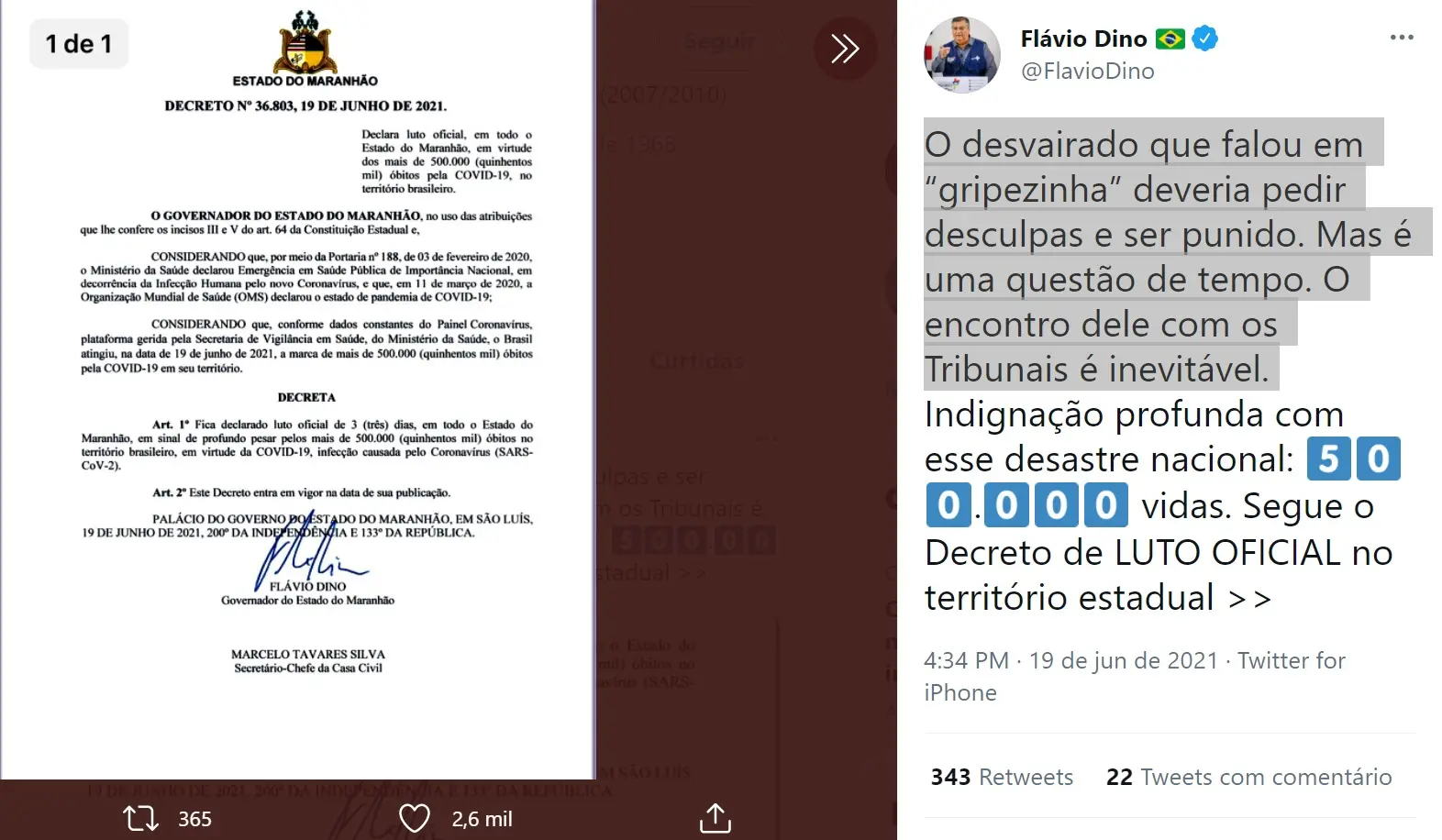 Publicação de Flávio Dino em rede social