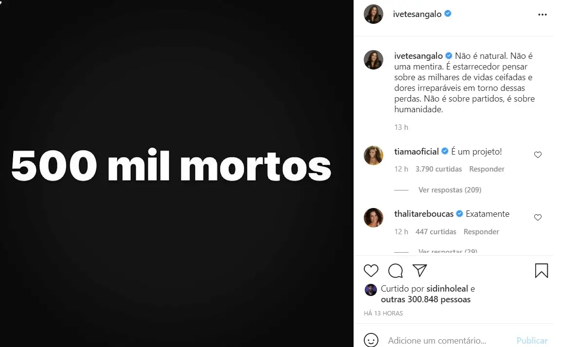 Postagem de Ivete Sangalo sobre mortes da Covid-19