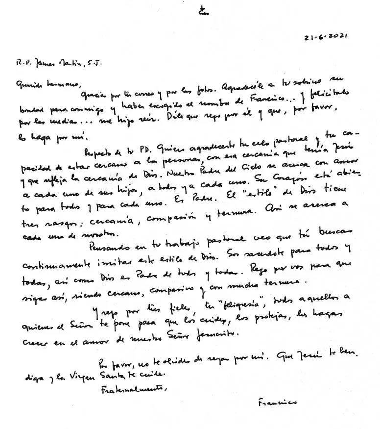 Manuscrito da carta que Papa Francisco enviou ao papa James Martin