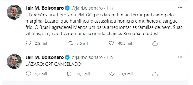 Print da publicação de Bolsonaro