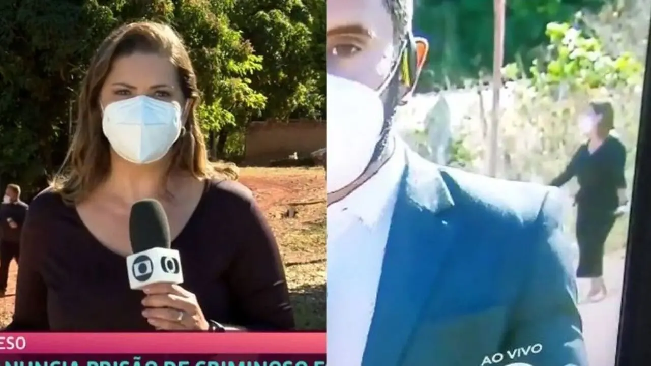 Montagem com imagem da repórter da Globo, Giovanna Dourado, anunciando prisão de Lázaro e com ela dançando ao fundo de notícia de outra emissora