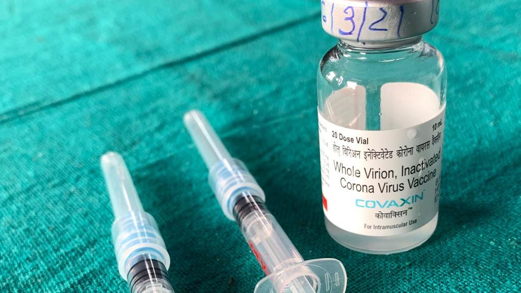 Frasco de vacina Covaxin, contra Covid-19, ao lado de duas ampolas