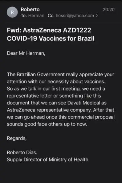 E-mails mostram negociação de venda de vacinas entre Ministério da Saúde e representantes da empresa Davati Medical Supply