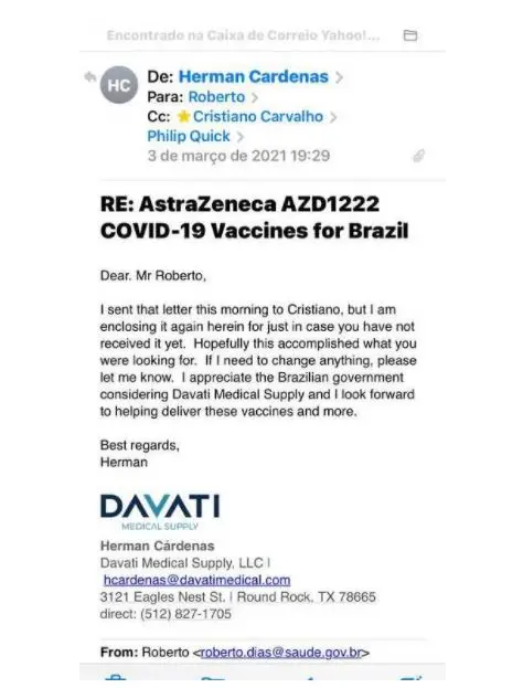 E-mails mostram negociação de venda de vacinas entre Ministério da Saúde e representantes da empresa Davati Medical Supply