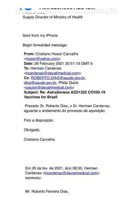E-mails mostram negociação de venda de vacinas entre Ministério da Saúde e representantes da empresa Davati Medical Supply