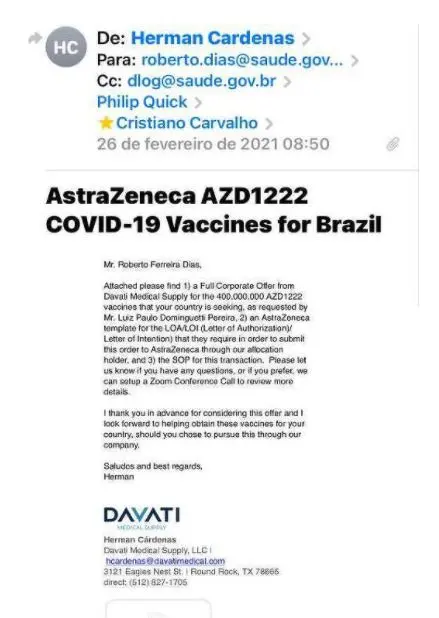 E-mails mostram negociação de venda de vacinas entre Ministério da Saúde e representantes da empresa Davati Medical Supply