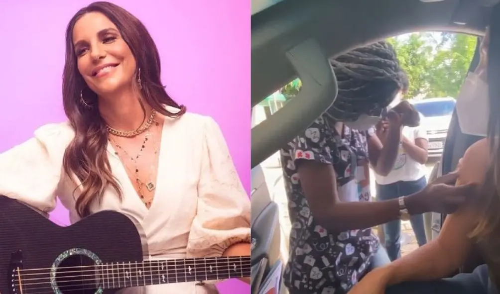 Montagem com foto de Ivete Sangalo vestindo branco e segurando violão à esquerda e Ivete sendo vacinada por enfermeira à direita