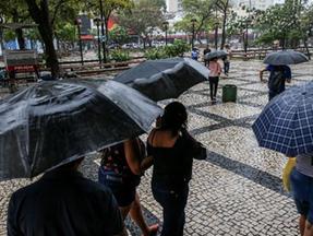 Pessoas com guarda-chuvas na Praça do Ferreira