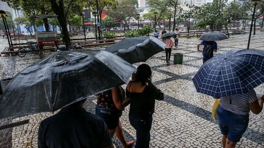 Pessoas com guarda-chuvas na Praça do Ferreira