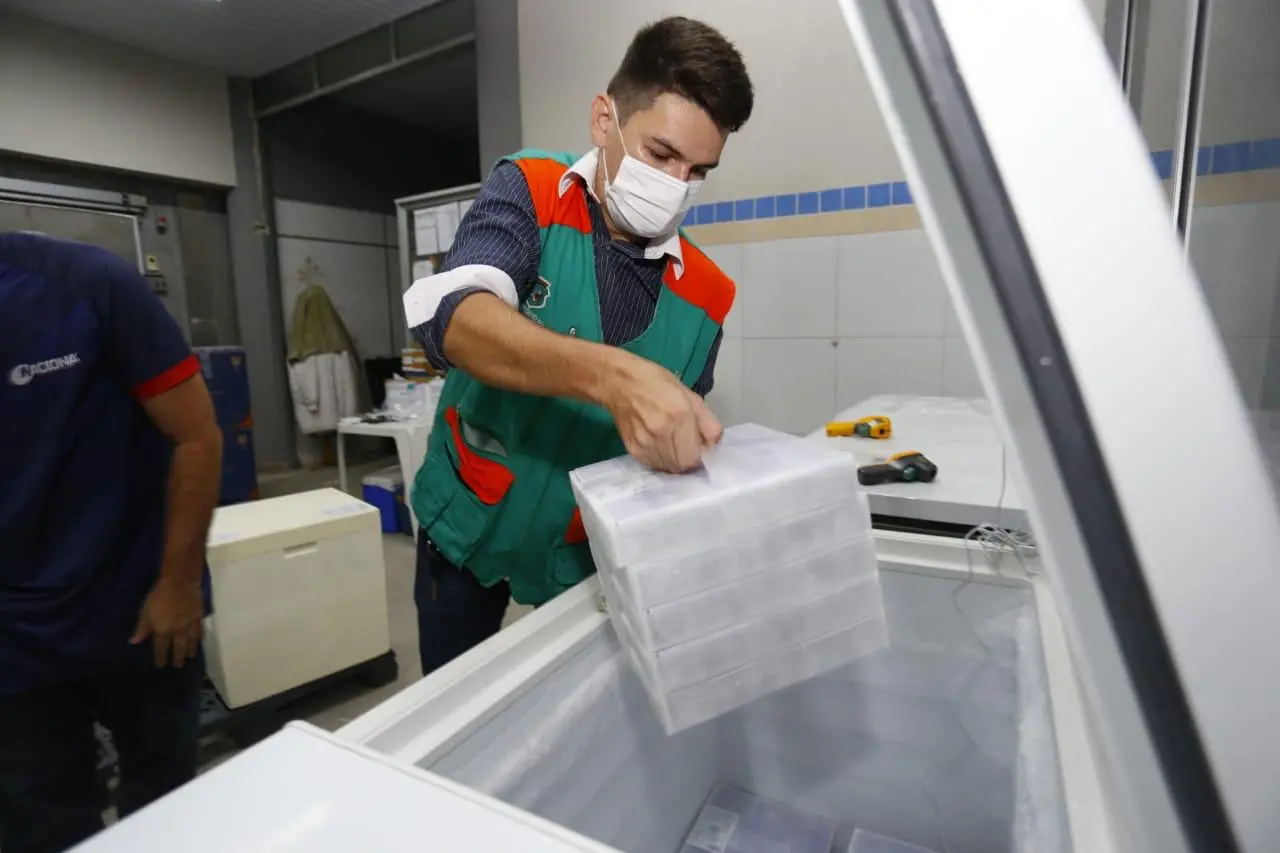Profissional da Secretaria da Saúde do Ceará armazenando vacinas da Pfizer