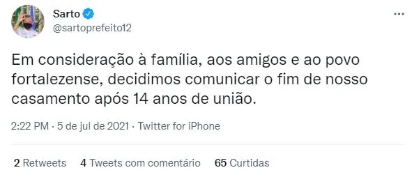 Sarto e Natália Herculano estavam casados havia 14 anos