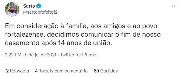 Tweet de Sarto sobre fim de casamento