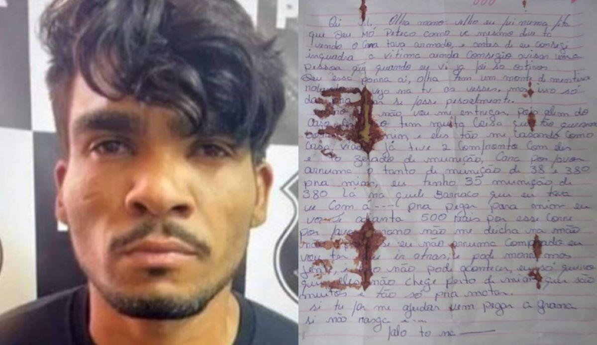 foto de Lázaro Barbosa e carta, com marcas de sangue, encontrada com ele