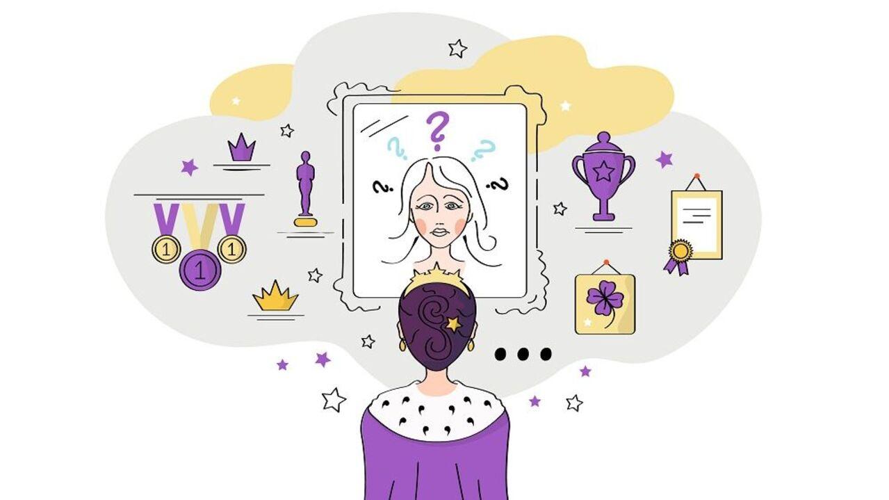 Mulher se vê com dúvidas no espelho, na representação da Síndrome do Impostor