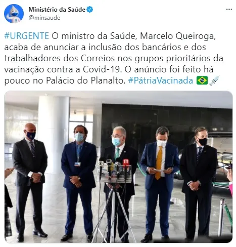 O anúncio foi feito no Palácio do Planalto e publicado no twitter do Ministério da Saúde