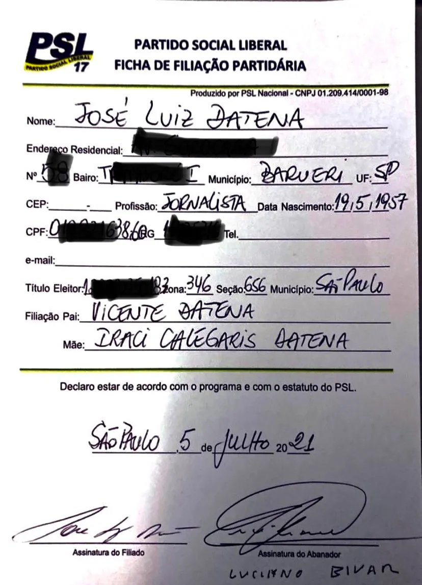 Ficha de filiação de Datena ao PSL