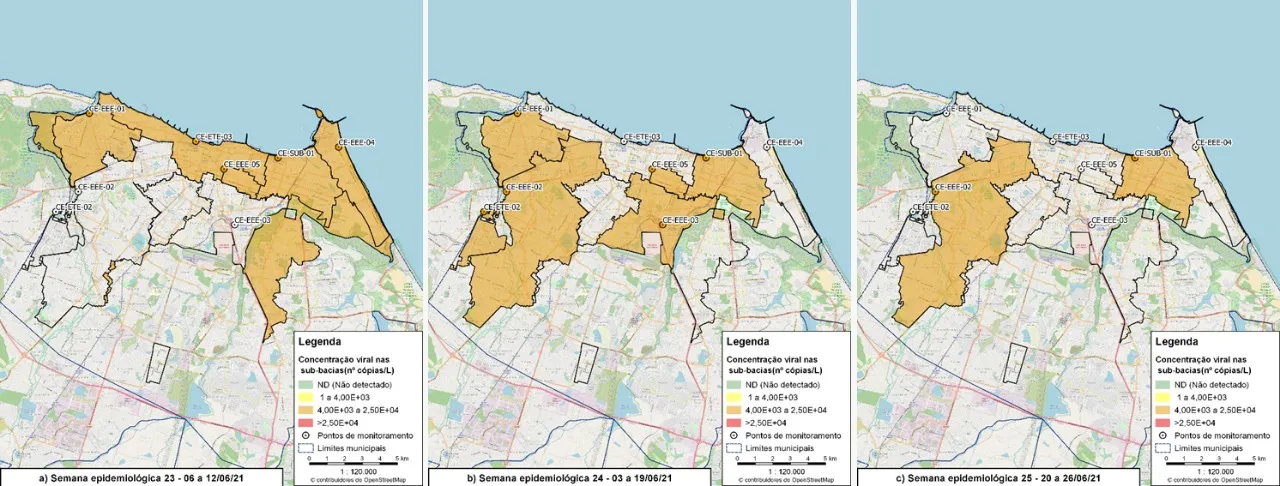 Distribuição das concentrações do coronavírus em estações de Fortaleza, ao longo de três semanas