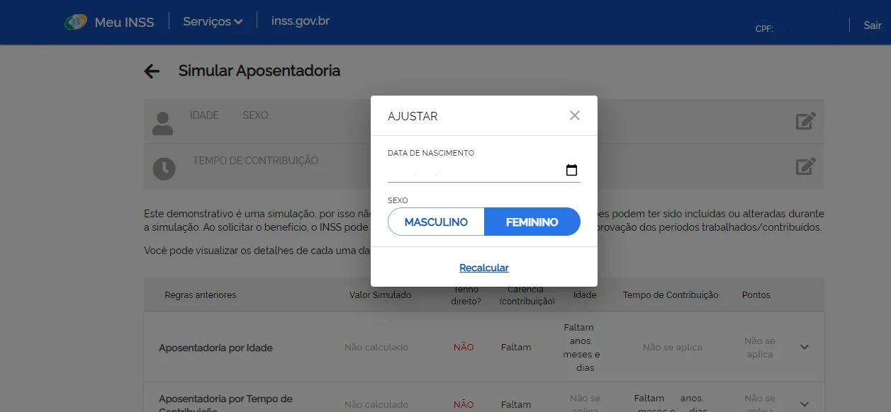 Simulação para saber quanto tempo falta para se aposentar