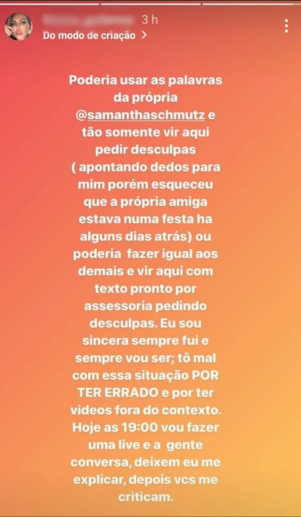 Print da fala dela no Insta