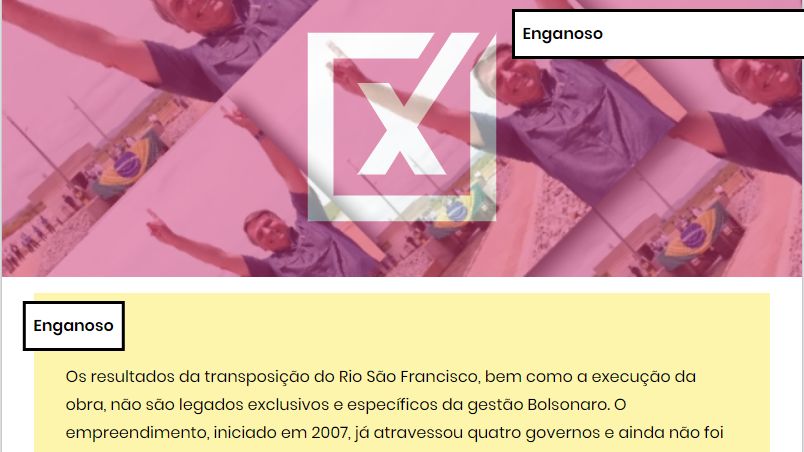 É enganoso o conteúdo de um vídeo produzido pelo Jornal da Cidade Online sobre a transposição do Rio São Francisco e a participação do governo Jair Bolsonaro (sem partido)