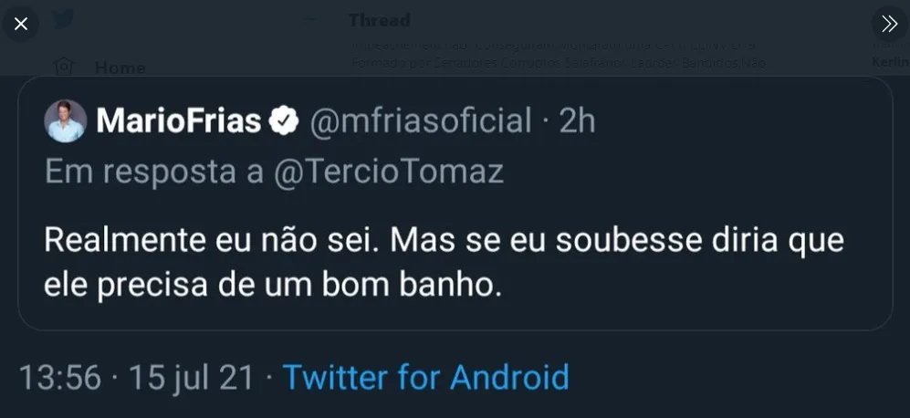 Mário Frias fez comentário em resposta a post do assessor da Presidência, Tercio Arnaud Tomaz, que perguntou quem era Jones Manoel