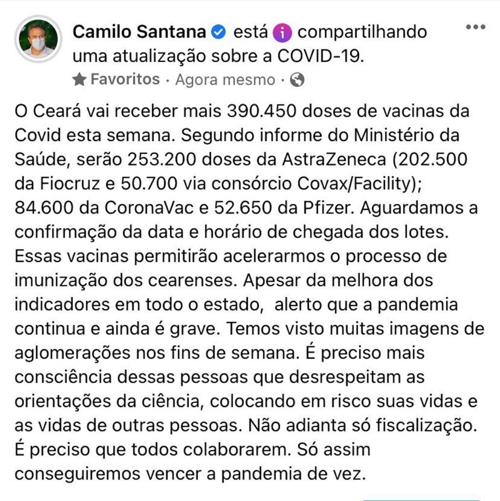 Post do governador Camilo Santana