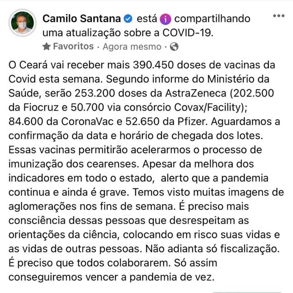 Anuncio foi feito pelo governador Camilo Santana em suas redes sociais