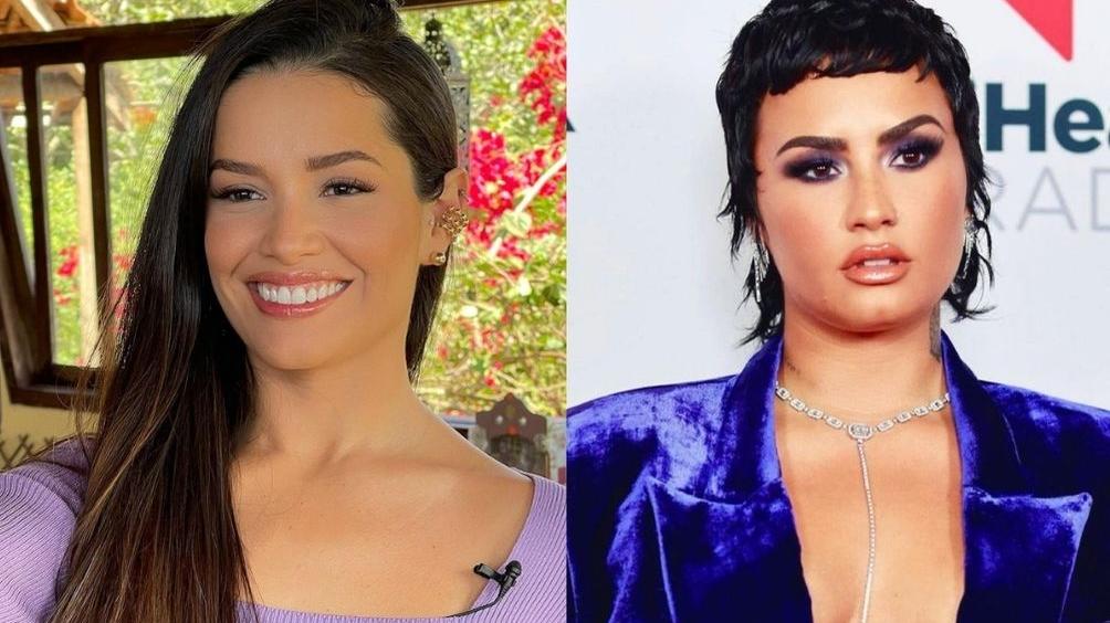 Montagem com fotos de Juliette e Demi Lovato usando roupas em tons roxos