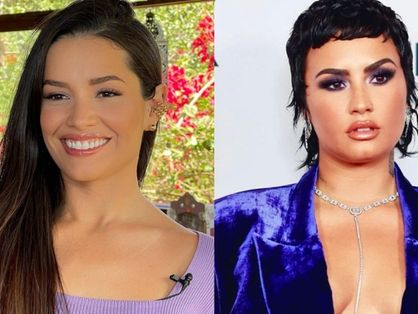 Montagem com fotos de Juliette e Demi Lovato usando roupas em tons roxos