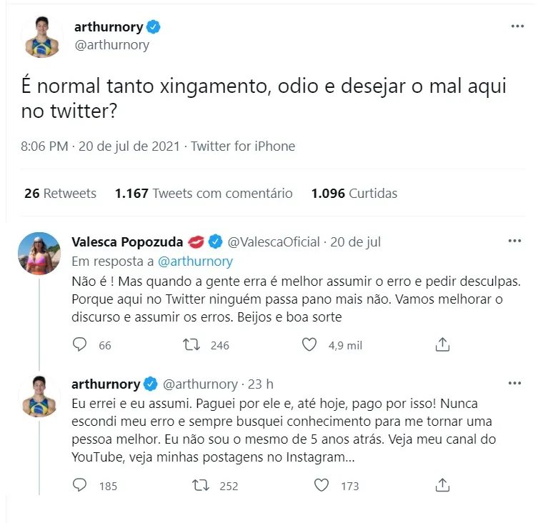 Postagem de Arthur Nory e resposta de Valesca Popuzada em rede social