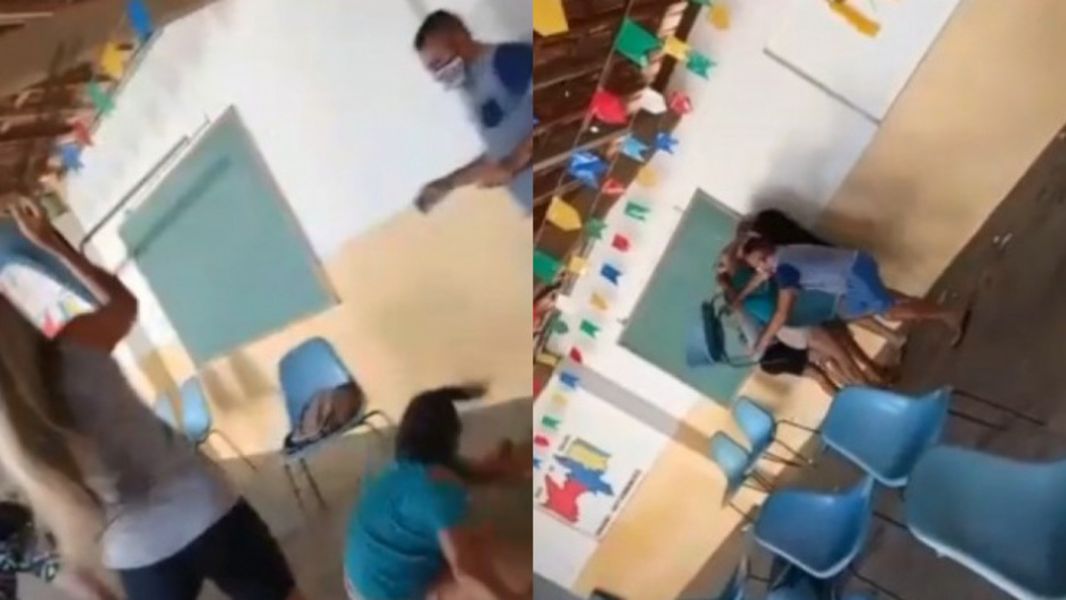 Montagem de fotos de frames de vídeo de três pessoas brigando em um local de vacinação